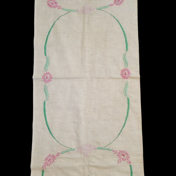 Vintage Embroidered Linen Floral Table Runner Dresser Scarf Unfinished Edges - Picture 3 of 5